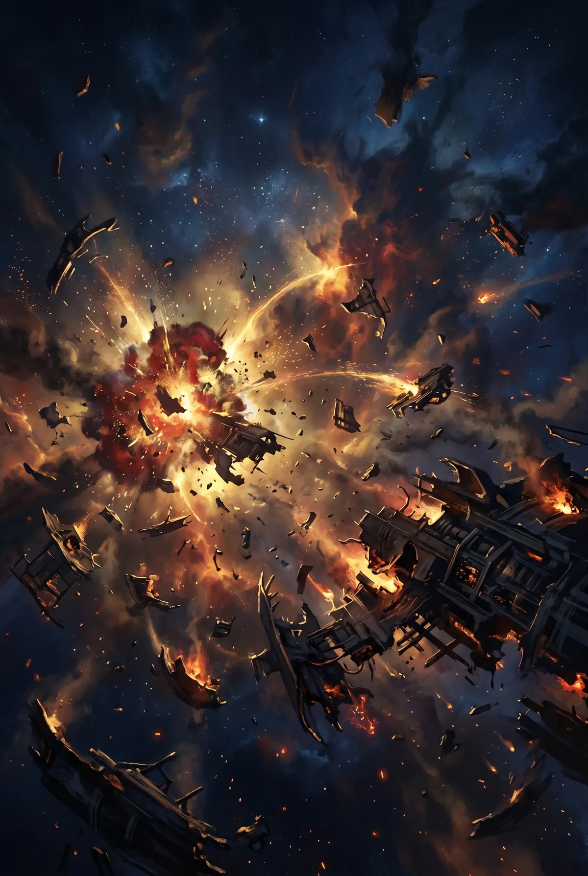 A fleet battle: ships breaking apart in a nebula