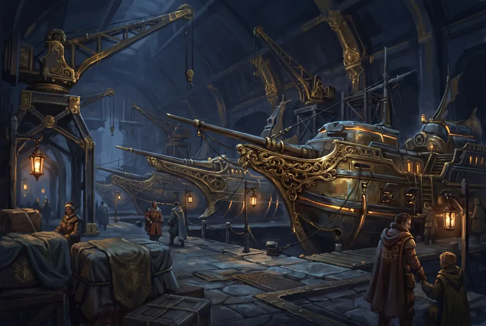 A station hangar with ornate gilded ships at dock